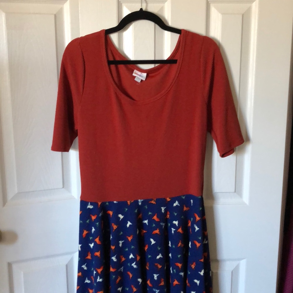 LuLaRoe Nicole - red top, blue with birds bottom